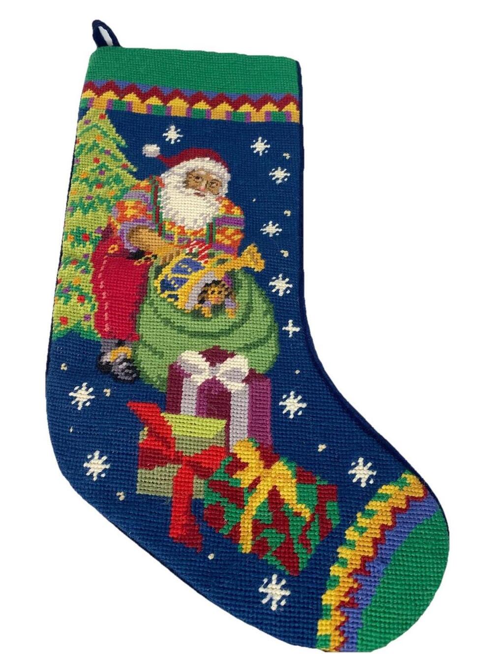 Needlepoint Vintage Santa Sleigh Tree Christmas Stocking Navy Velvet